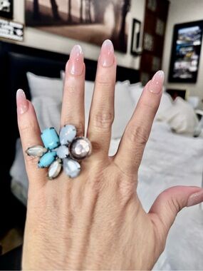 Statement Flower Cocktail Ring in Light Blue and Turquoise